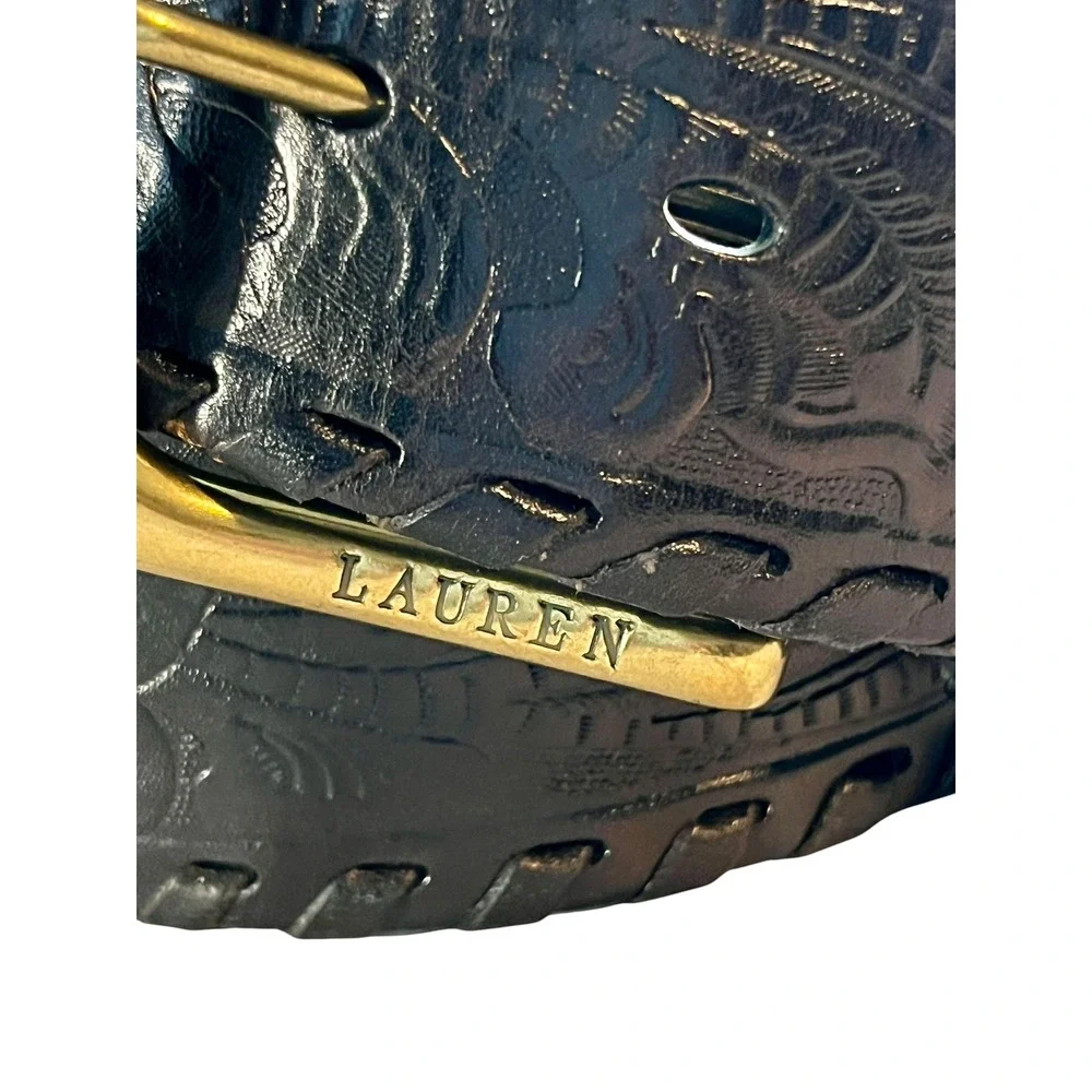 LAUREN Ralph Lauren Tooled Leather Belt M Wide Black Western Boho Cowgirl Rodeo